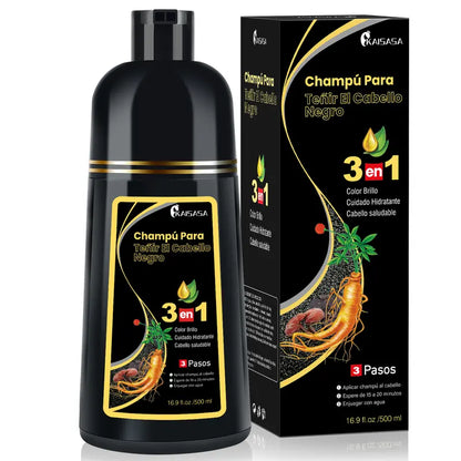 KAISASA-3 en 1 champú de tinte negro para el cabello, puede cubrir las canas, ingredientes herbales, contiene extracto de Ginseng, colorante Natural
