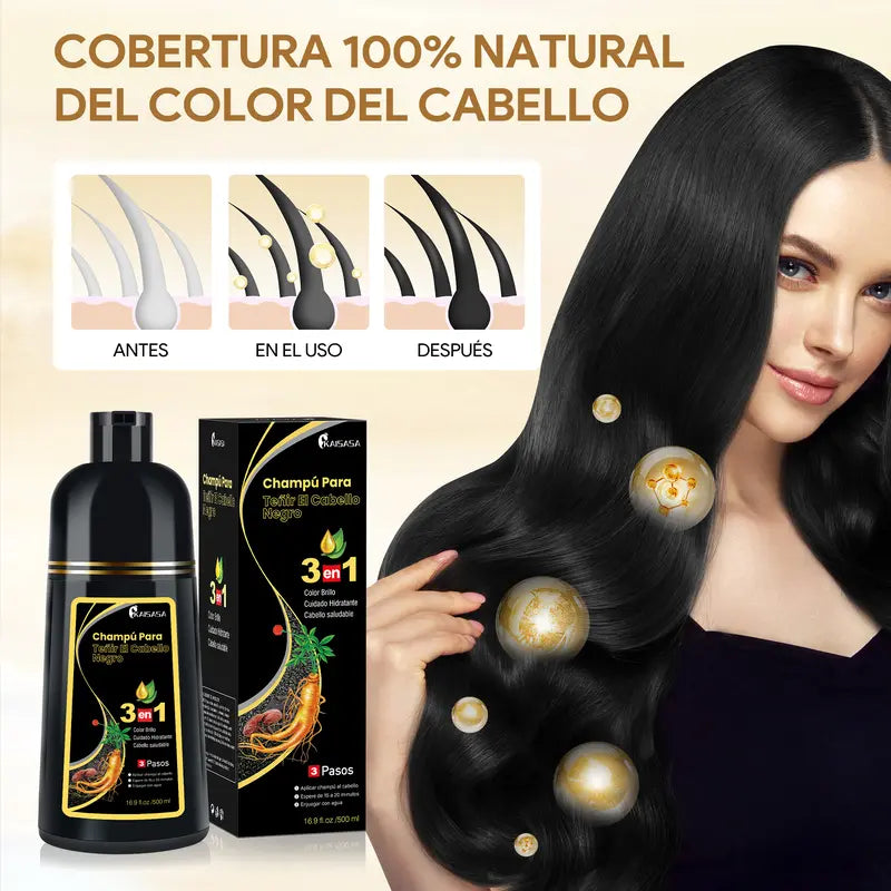 KAISASA-3 en 1 champú de tinte negro para el cabello, puede cubrir las canas, ingredientes herbales, contiene extracto de Ginseng, colorante Natural