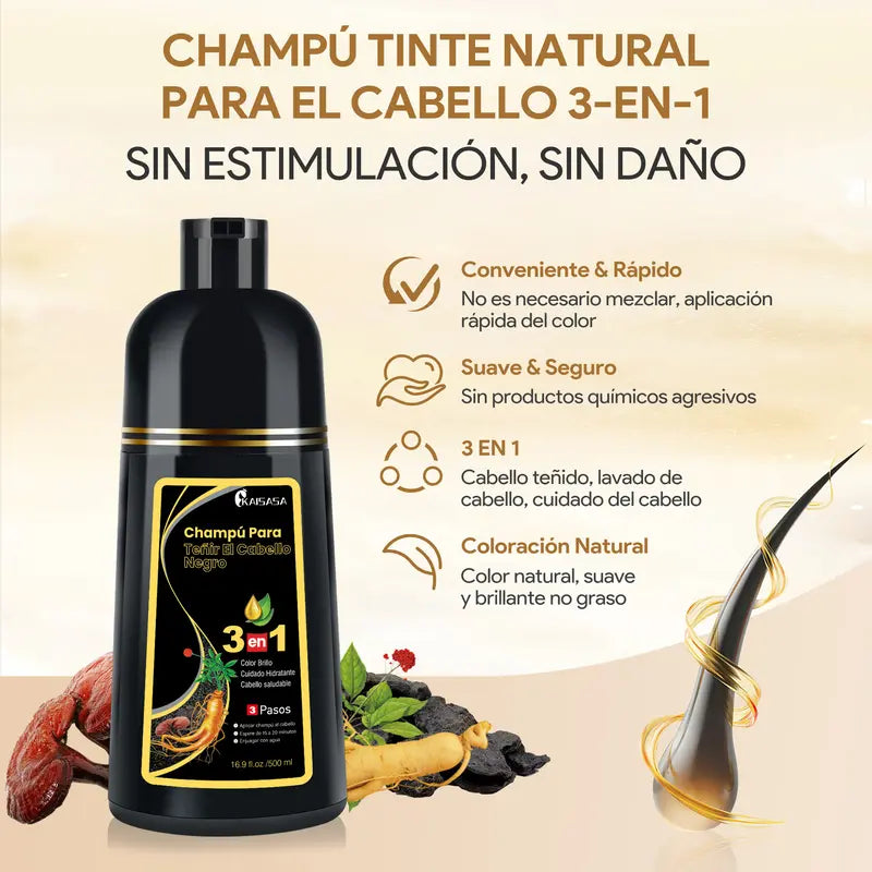 KAISASA-3 en 1 champú de tinte negro para el cabello, puede cubrir las canas, ingredientes herbales, contiene extracto de Ginseng, colorante Natural