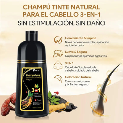 KAISASA-3 en 1 champú de tinte negro para el cabello, puede cubrir las canas, ingredientes herbales, contiene extracto de Ginseng, colorante Natural