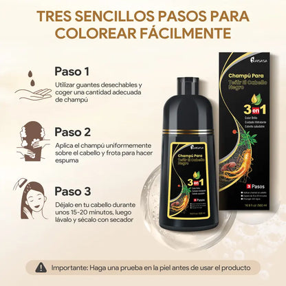 KAISASA-3 en 1 champú de tinte negro para el cabello, puede cubrir las canas, ingredientes herbales, contiene extracto de Ginseng, colorante Natural