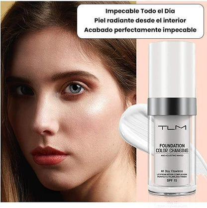 Base líquida hidratante SPF15, alta cobertura, resistente al agua, larga duración, acabado mate y que se adapta a tu tono de piel